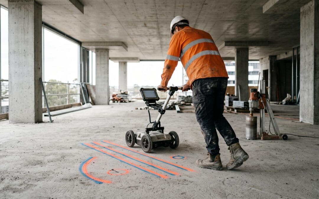 Concrete xray vs GPR: technician pushing a GPR scanner across a suspended slab beside spray-painted rebar lines